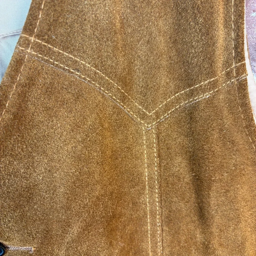 Vintage 70s Sears Leather Shop Suede Western Vest Tan Brown Satin Lined Size 44T